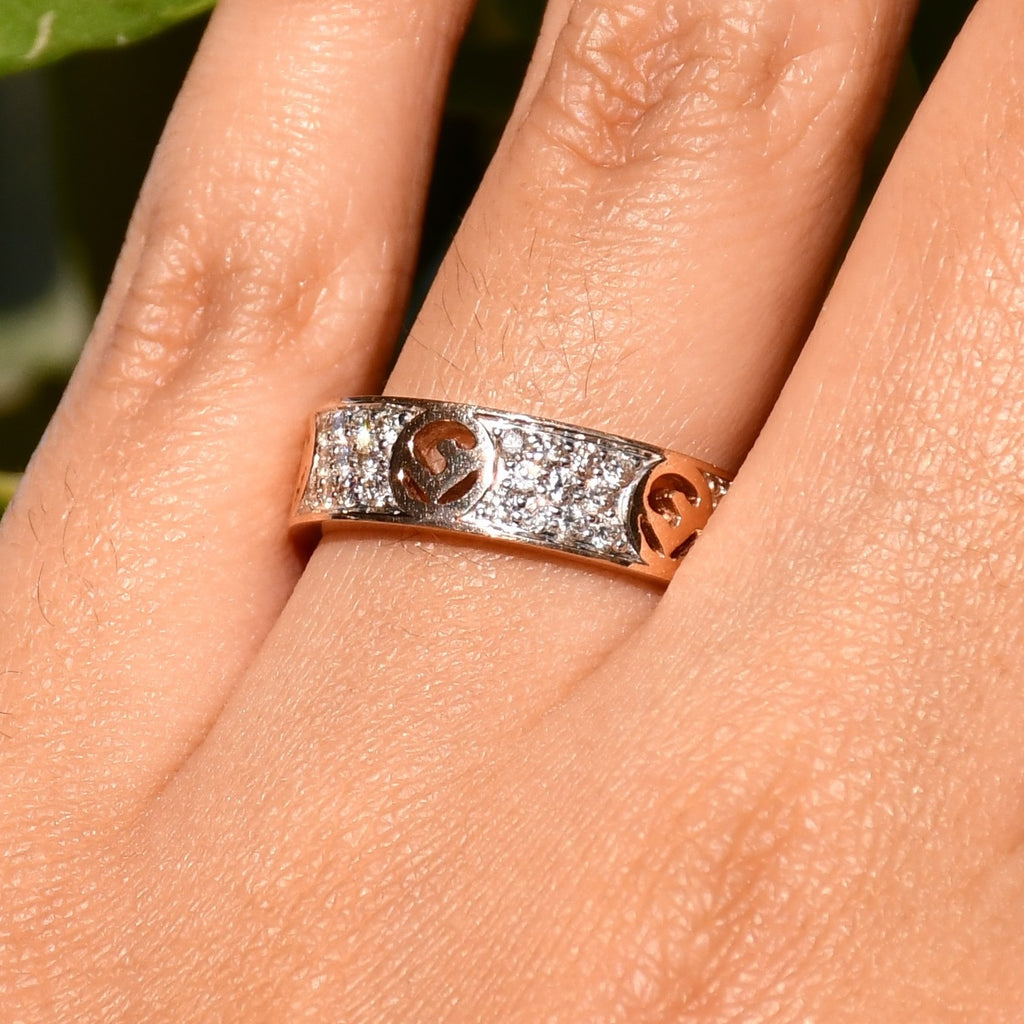Solid Gold Pave Diamond Band Ring, Heart Detail Anniversary Wedding Band