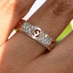 Solid Gold Pave Diamond Band Ring, Heart Detail Anniversary Wedding Band