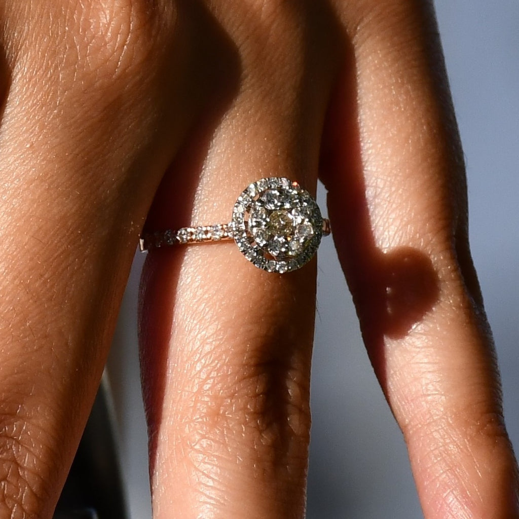 Solid Gold Halo Diamond Engagement Ring, Round Pave Band Bridal Promise