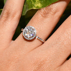 Solid Gold Halo Diamond Engagement Ring, Round Pave Band Bridal Promise