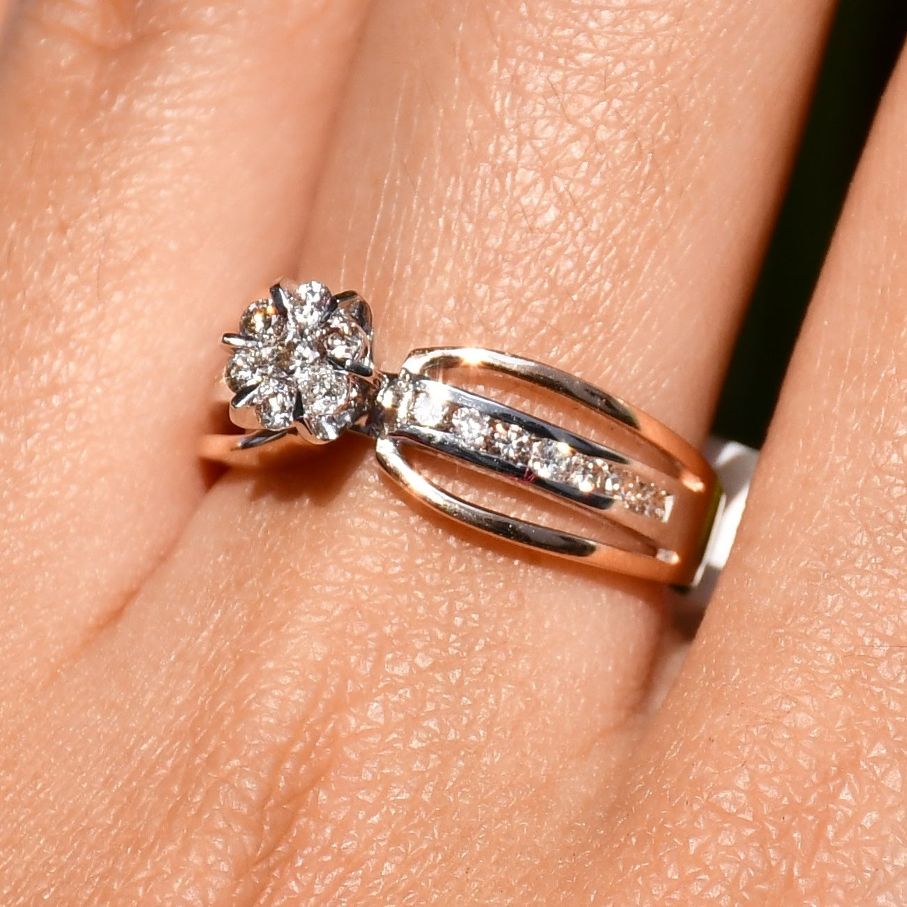 14K 18K Solid Gold Floral Diamond Cluster Ring, Split Shank Engagement Wedding Band