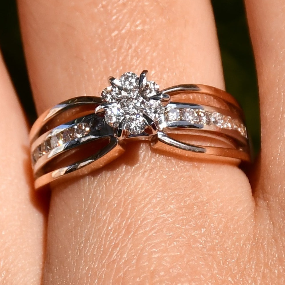 14K 18K Solid Gold Floral Diamond Cluster Ring, Split Shank Engagement Wedding Band