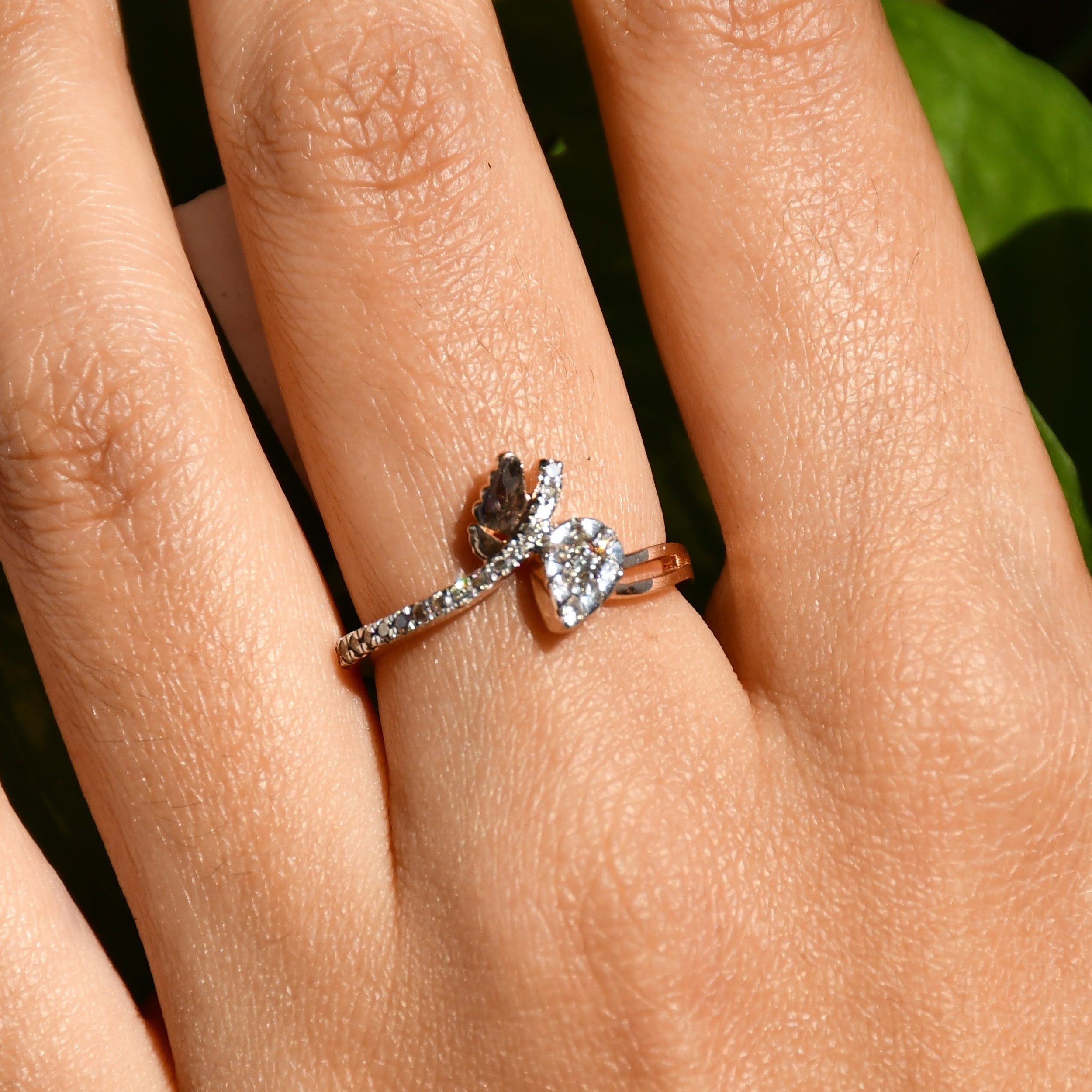 14K 18K Solid Gold Pear Shape Diamond Bypass Ring, Leaf Detail Wedding Promise