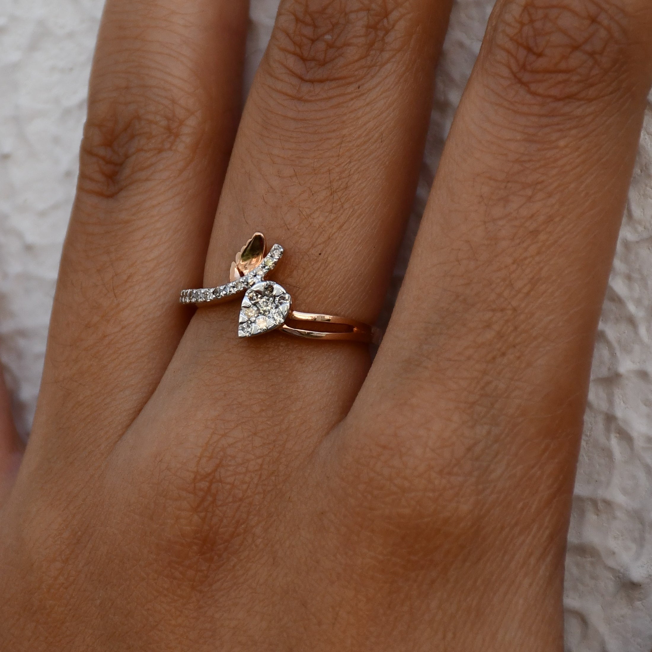 14K 18K Solid Gold Pear Shape Diamond Bypass Ring, Leaf Detail Wedding Promise
