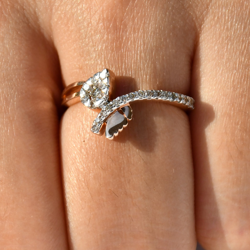 14K 18K Solid Gold Pear Shape Diamond Bypass Ring, Leaf Detail Wedding Promise