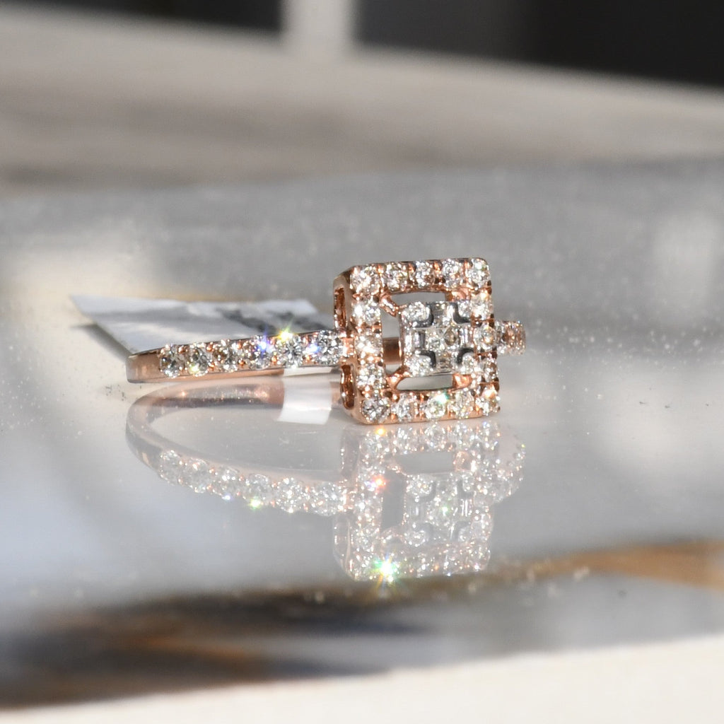 Solid Gold Square Halo Diamond Engagement Ring, Rose Gold Promise Bridal Jewelry