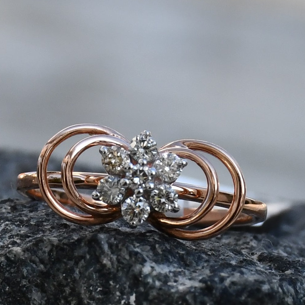 Solid Gold Diamond Flower Ring, Double Loop Infinity Design, Engagement Promise Ring