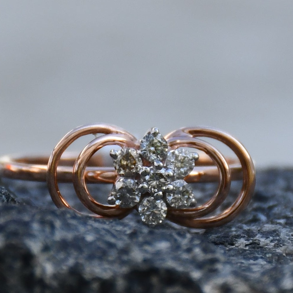Solid Gold Diamond Flower Ring, Double Loop Infinity Design, Engagement Promise Ring