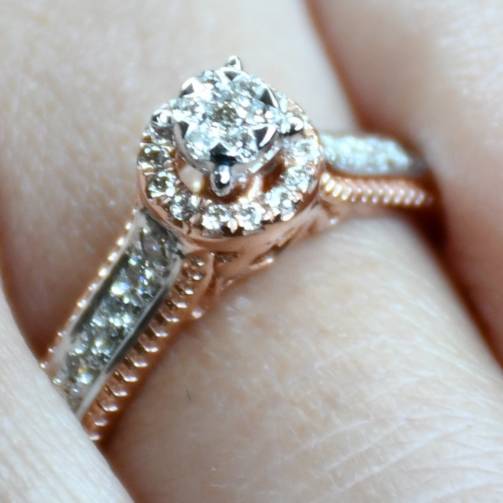 Solid Gold Diamond Halo Engagement Ring, Round Cut Pave Milgrain Bridal Band