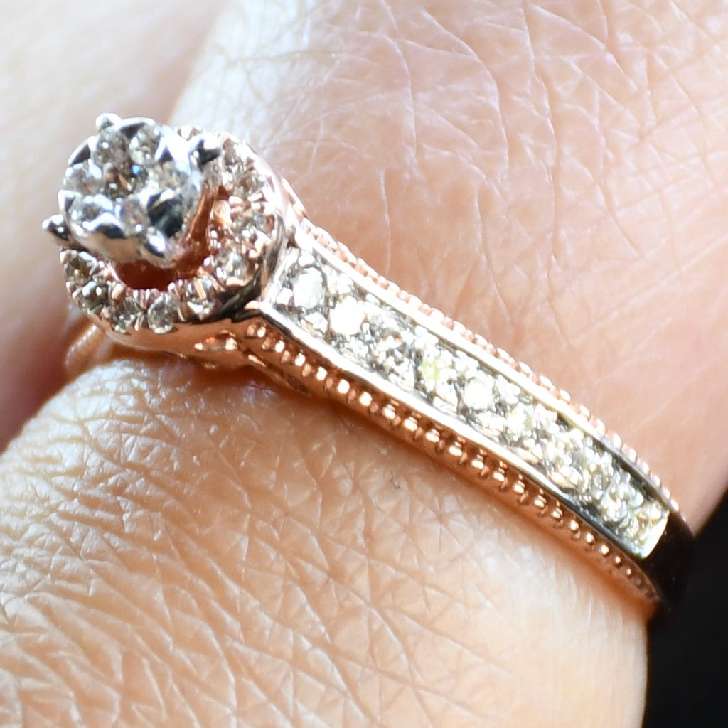 Solid Gold Diamond Halo Engagement Ring, Round Cut Pave Milgrain Bridal Band
