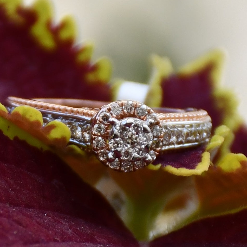 Solid Gold Diamond Halo Engagement Ring, Round Cut Pave Milgrain Bridal Band