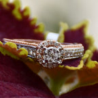 Solid Gold Diamond Halo Engagement Ring, Round Cut Pave Milgrain Bridal Band