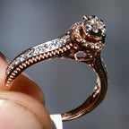 Solid Gold Diamond Halo Engagement Ring, Round Cut Pave Milgrain Bridal Band