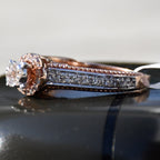 Solid Gold Diamond Halo Engagement Ring, Round Cut Pave Milgrain Bridal Band
