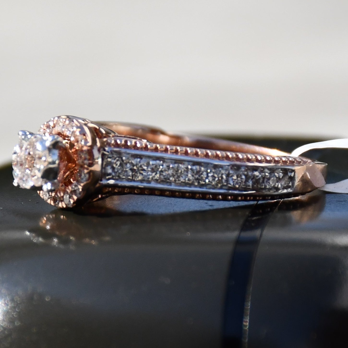 Solid Gold Diamond Halo Engagement Ring, Round Cut Pave Milgrain Bridal Band