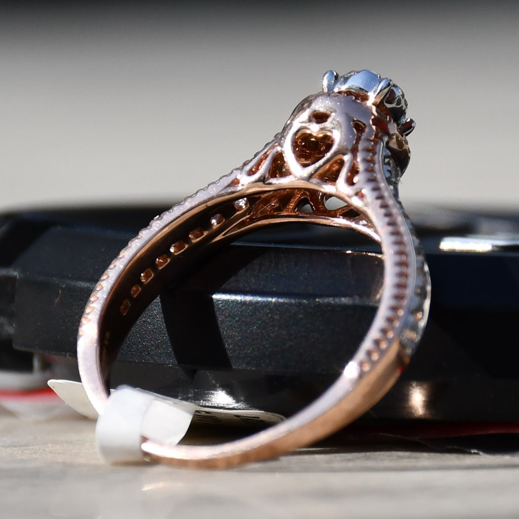 Solid Gold Diamond Halo Engagement Ring, Round Cut Pave Milgrain Bridal Band