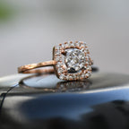 Solid Gold Cushion Halo Engagement Ring, Natural Diamond Bridal Promise Ring