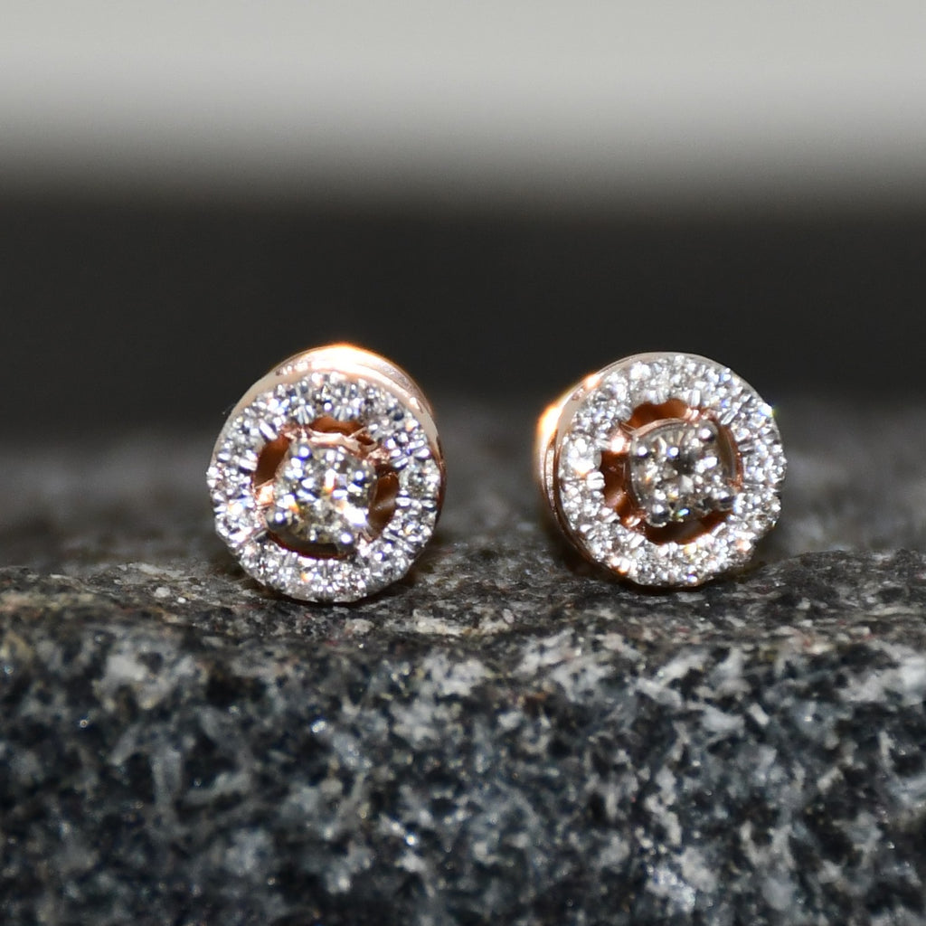 Solid Gold Halo Diamond Stud Earrings, Rose Gold Round Natural Diamonds