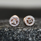 Solid Gold Halo Diamond Stud Earrings, Rose Gold Round Natural Diamonds