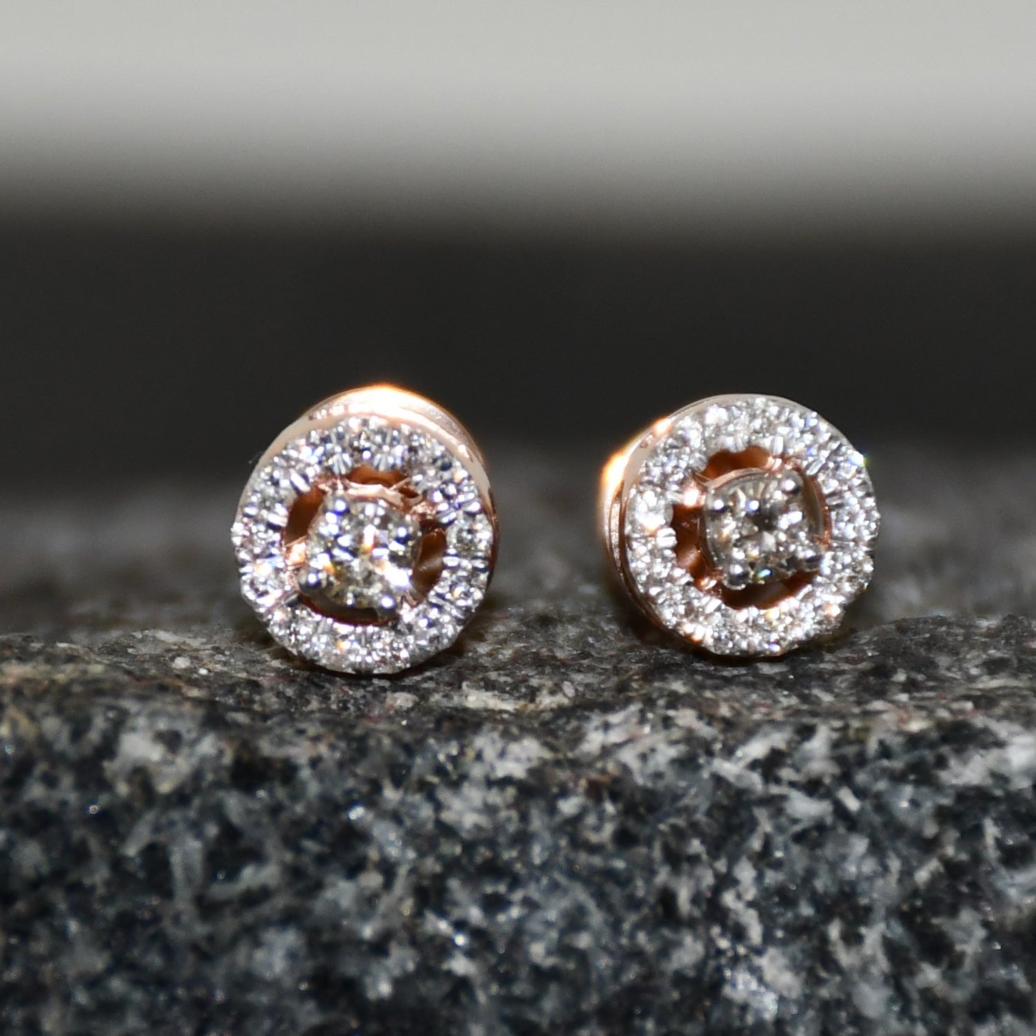 Solid Gold Halo Diamond Stud Earrings, Rose Gold Round Natural Diamonds