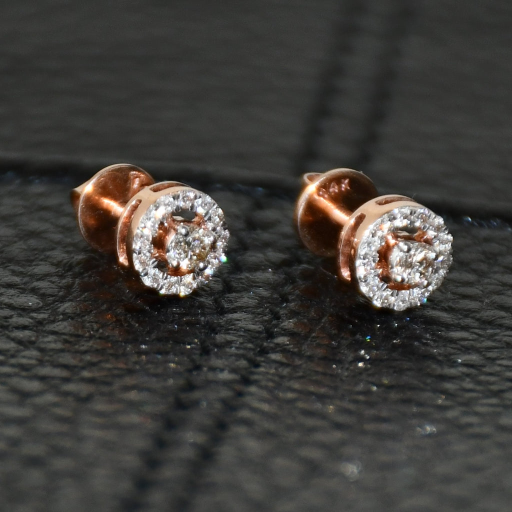 Solid Gold Halo Diamond Stud Earrings, Rose Gold Round Natural Diamonds