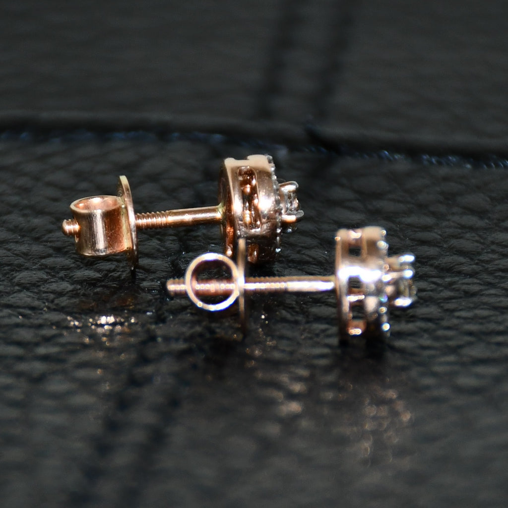 Solid Gold Halo Diamond Stud Earrings, Rose Gold Round Natural Diamonds