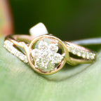 14K 18K Solid Gold Flower Diamond Engagement Ring, Pave Bridal Band Her