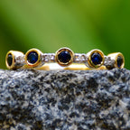 Solid Gold Blue Sapphire Diamond Band Ring, Bezel Set Anniversary Wedding Band