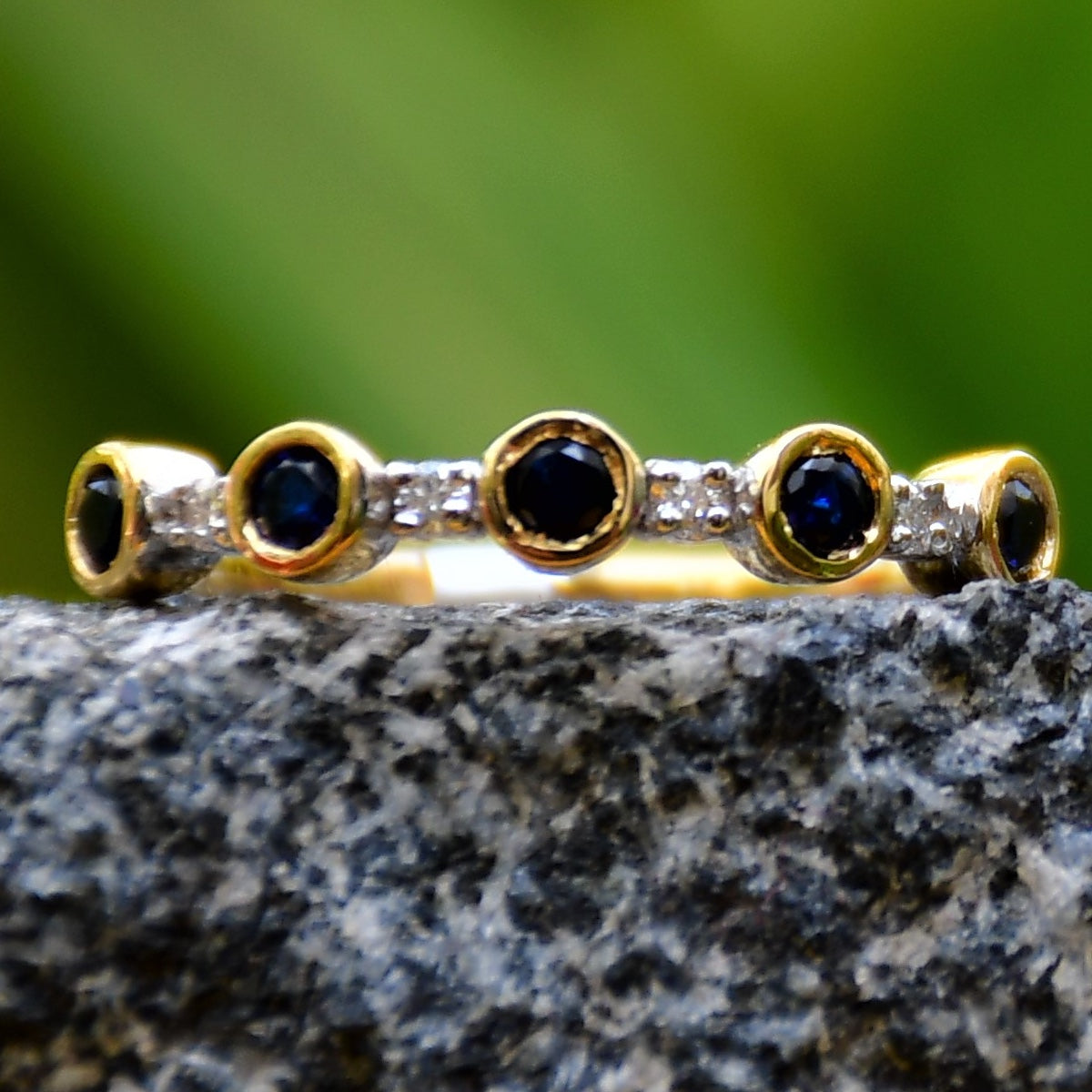 Solid Gold Blue Sapphire Diamond Band Ring, Bezel Set Anniversary Wedding Band
