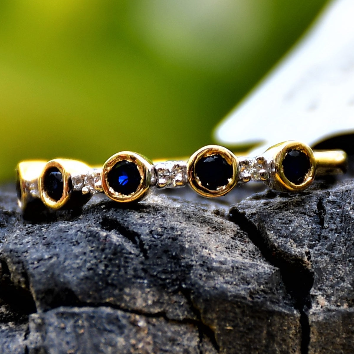 Solid Gold Blue Sapphire Diamond Band Ring, Bezel Set Anniversary Wedding Band