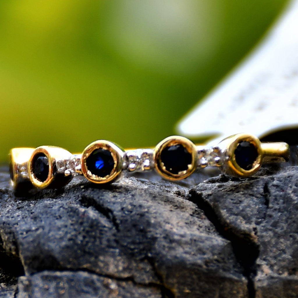 Solid Gold Blue Sapphire Diamond Band Ring, Bezel Set Anniversary Wedding Band