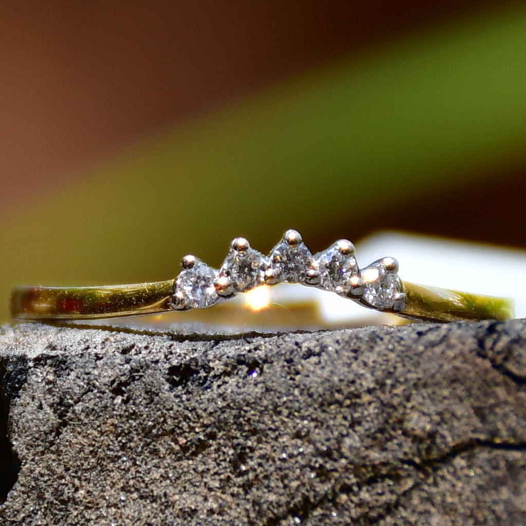14K Gold Diamond Crown Ring, Curved Wedding Band, Stacking Ring