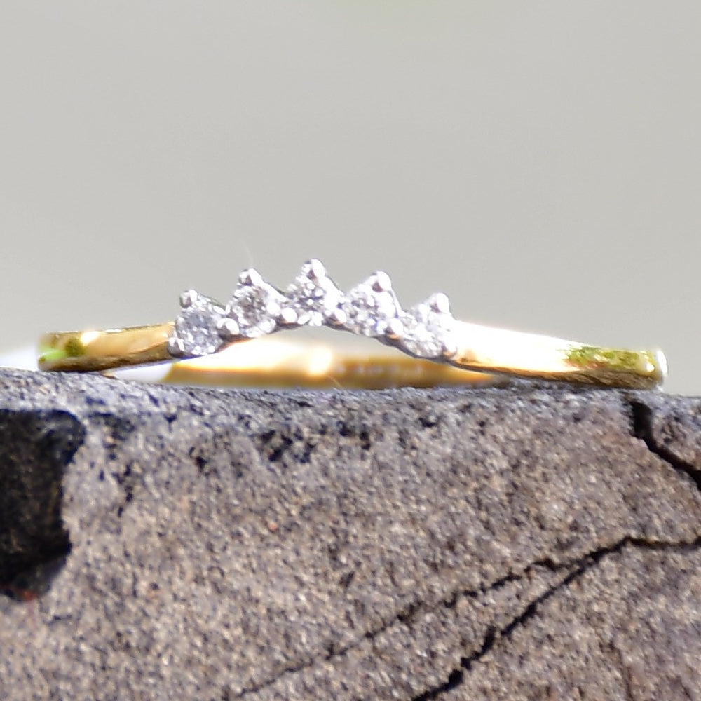 14K Gold Diamond Crown Ring, Curved Wedding Band, Stacking Ring