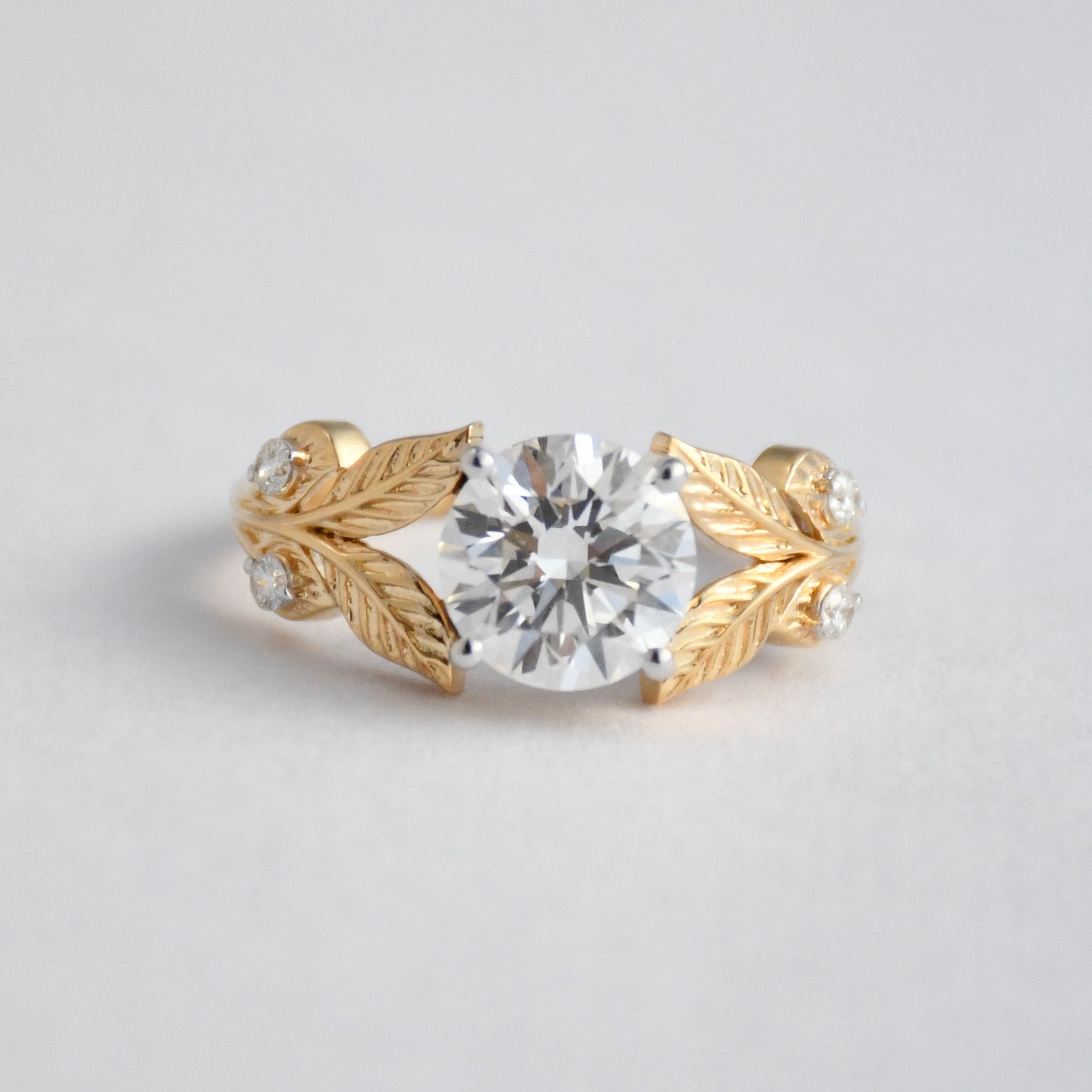 14K Gold Leaf Diamond Engagement Ring, Vintage Bridal Solitaire