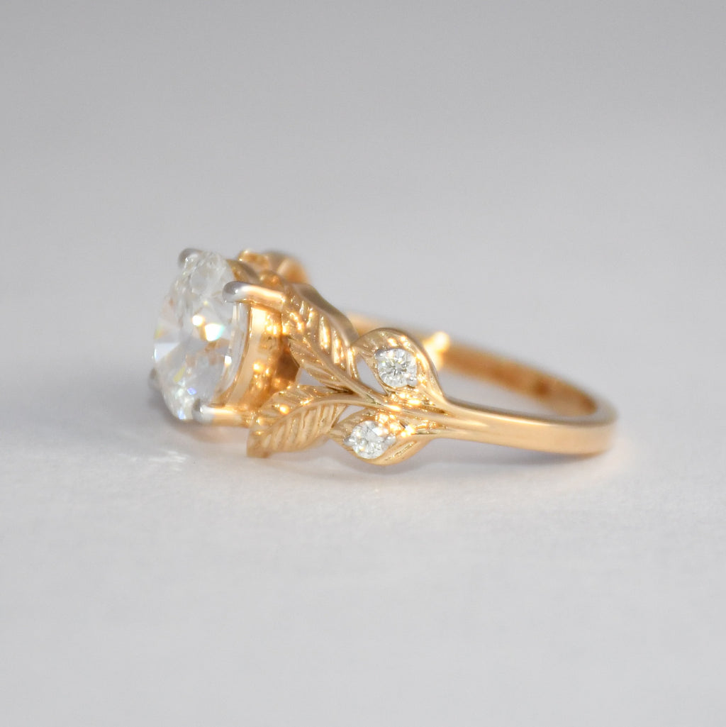 14K Gold Leaf Diamond Engagement Ring, Vintage Bridal Solitaire