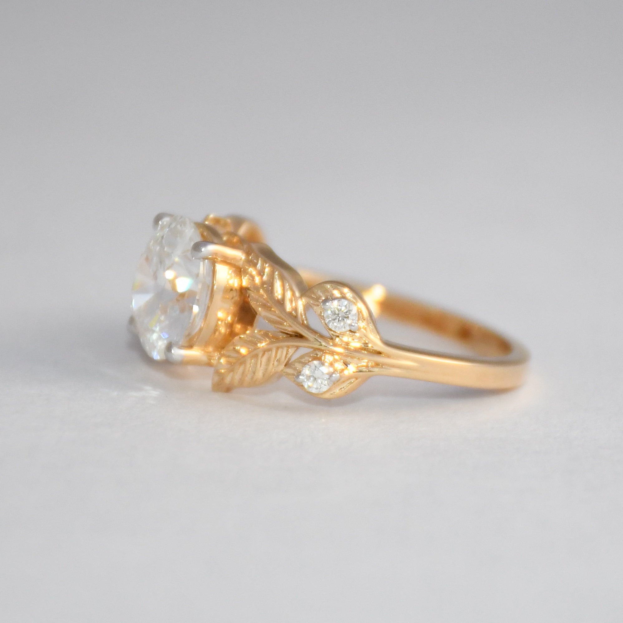14K Gold Leaf Diamond Engagement Ring, Vintage Bridal Solitaire