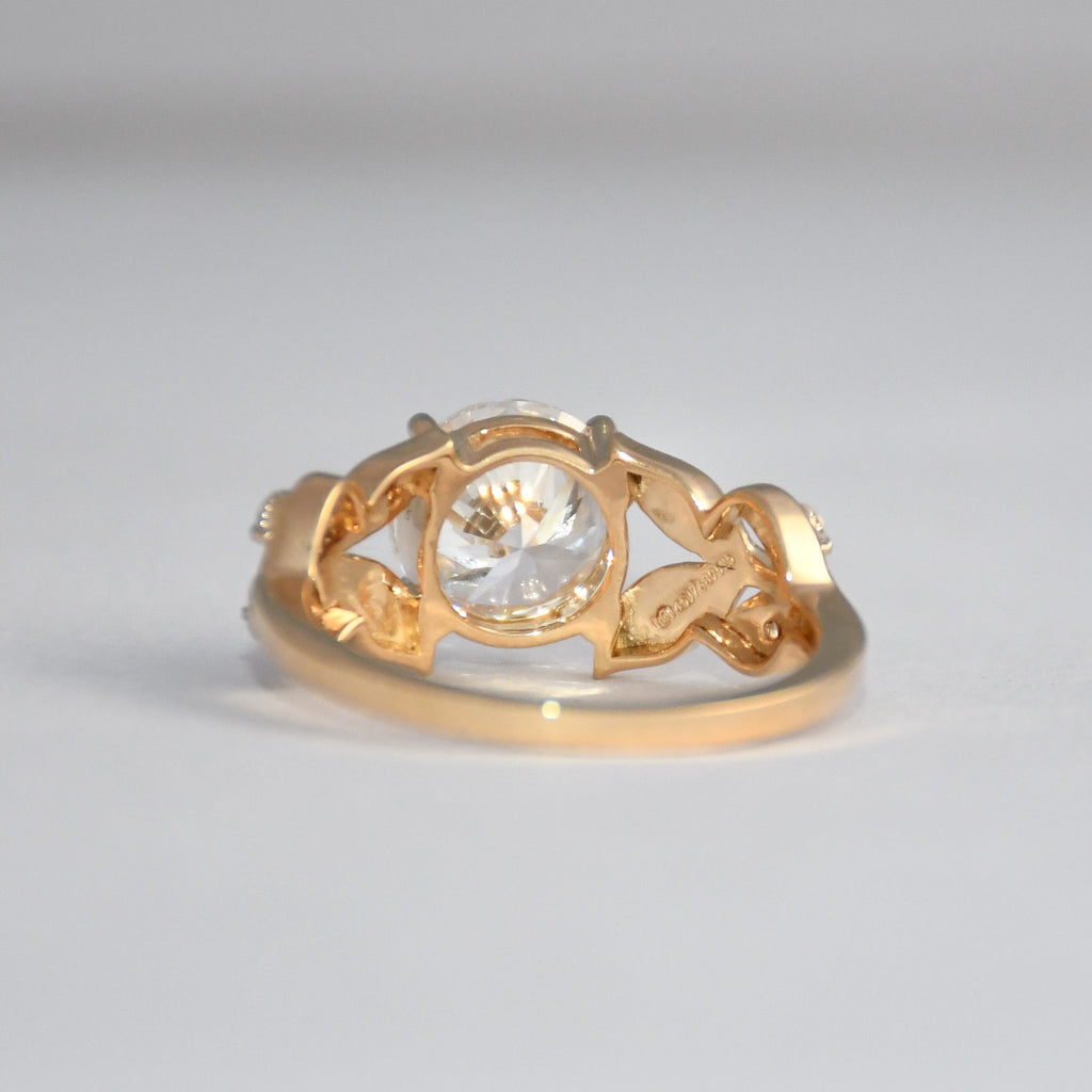 14K Gold Leaf Diamond Engagement Ring, Vintage Bridal Solitaire