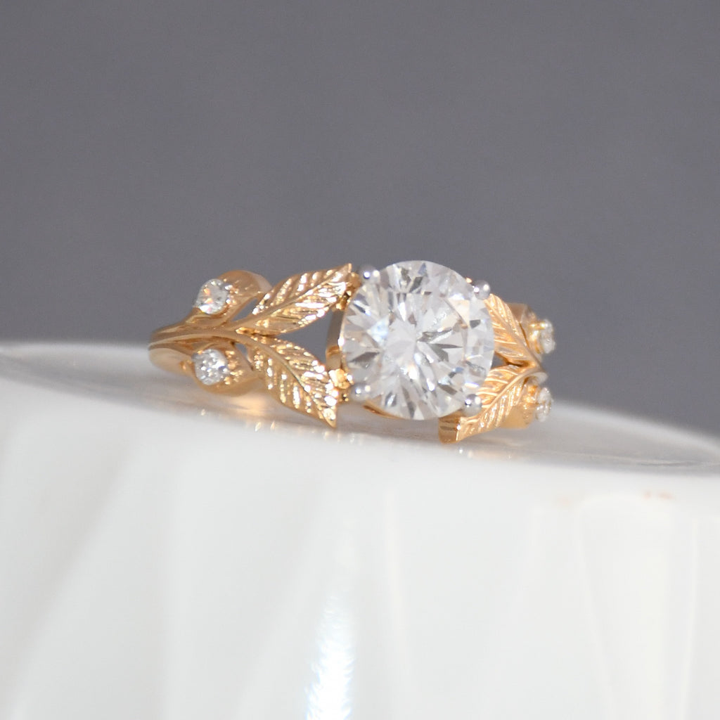14K Gold Leaf Diamond Engagement Ring, Vintage Bridal Solitaire
