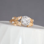 14K Gold Leaf Diamond Engagement Ring, Vintage Bridal Solitaire