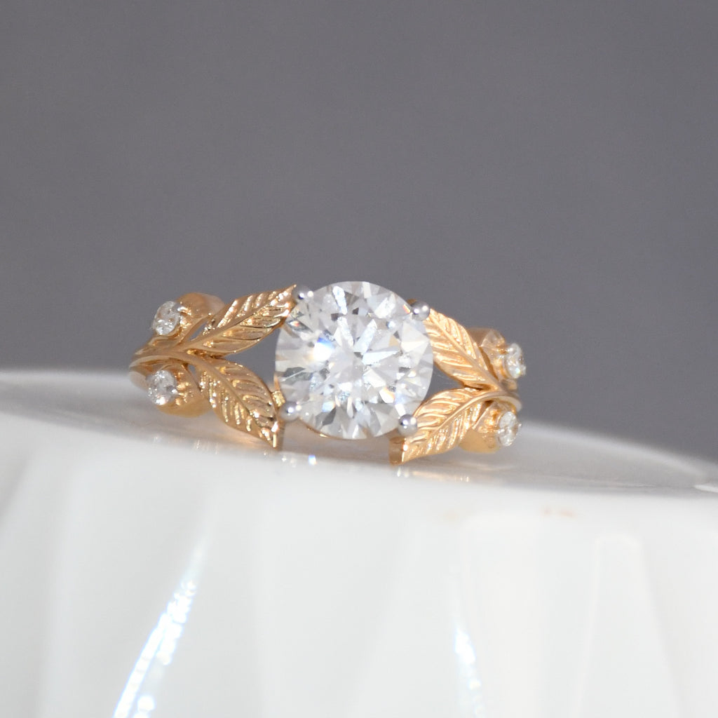 14K Gold Leaf Diamond Engagement Ring, Vintage Bridal Solitaire