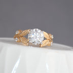 14K Gold Leaf Diamond Engagement Ring, Vintage Bridal Solitaire