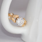14K Gold Leaf Diamond Engagement Ring, Vintage Bridal Solitaire