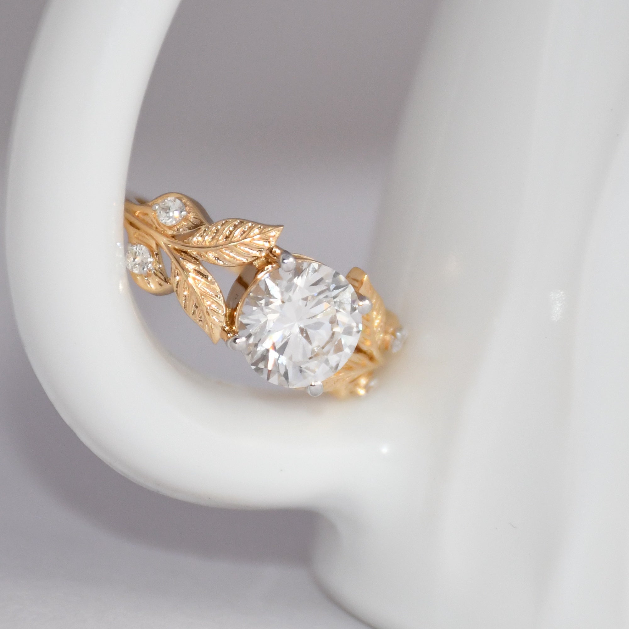 14K Gold Leaf Diamond Engagement Ring, Vintage Bridal Solitaire