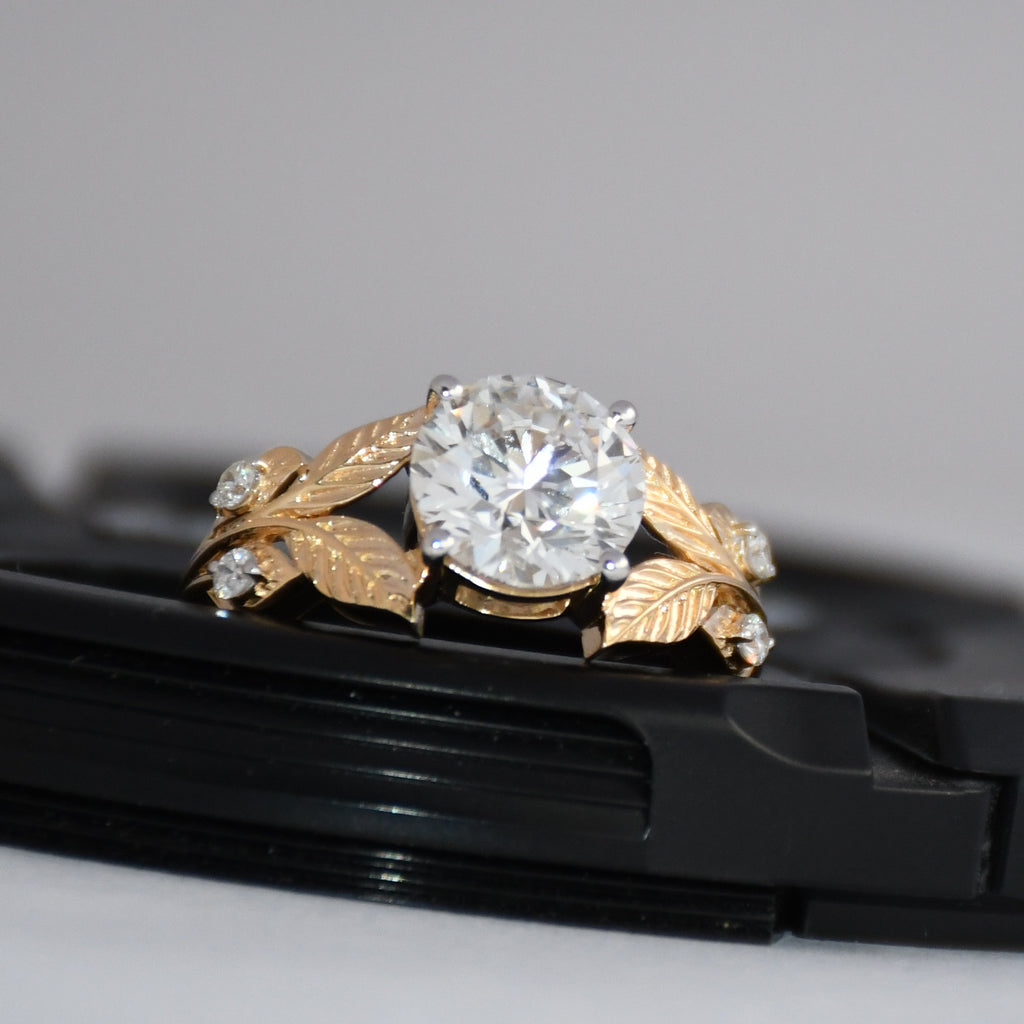 14K Gold Leaf Diamond Engagement Ring, Vintage Bridal Solitaire