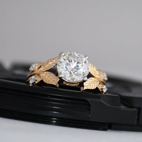14K Gold Leaf Diamond Engagement Ring, Vintage Bridal Solitaire