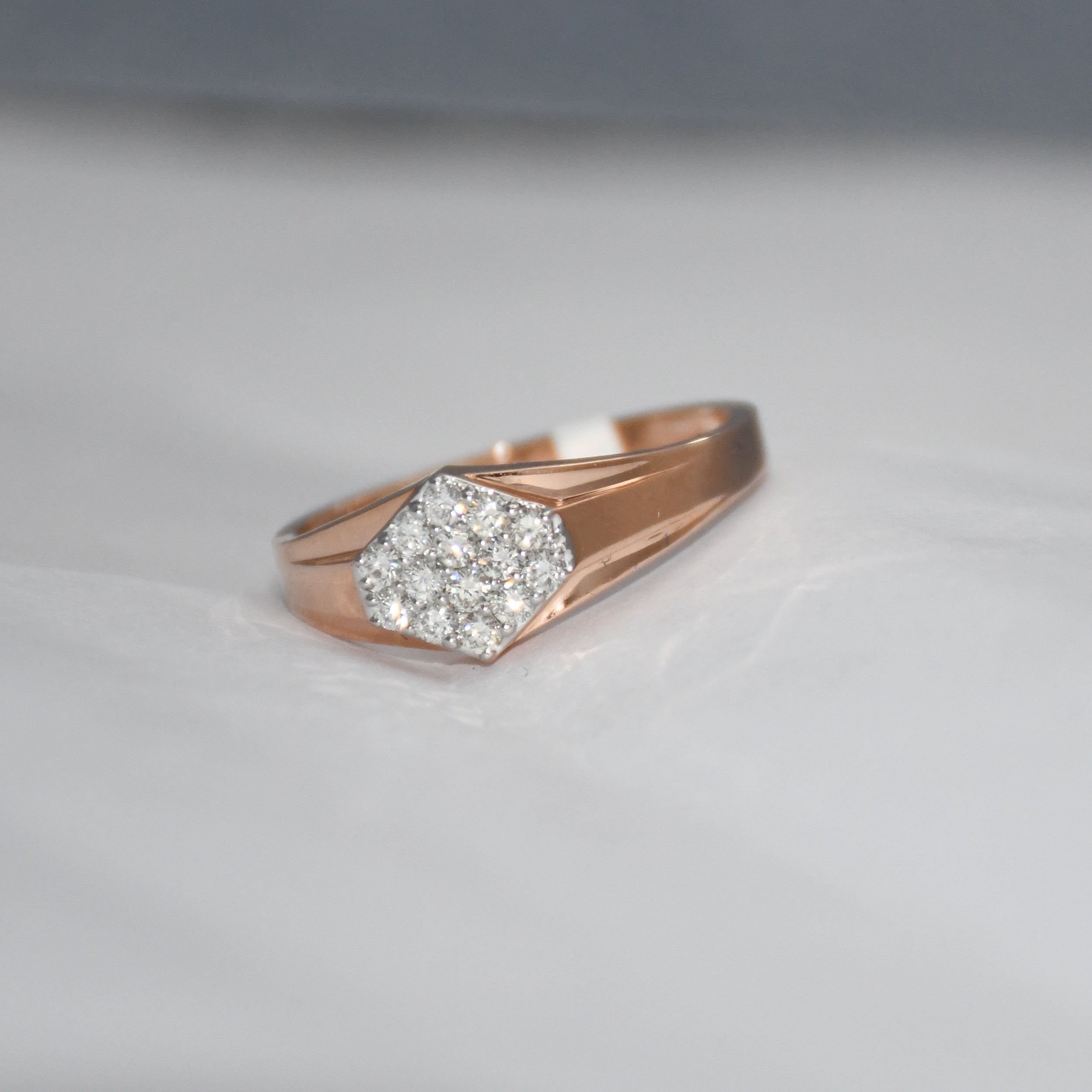 14K/18K Rose Gold Hexagon Diamond Cluster Ring – IGI Certified Signet Style Gift Him