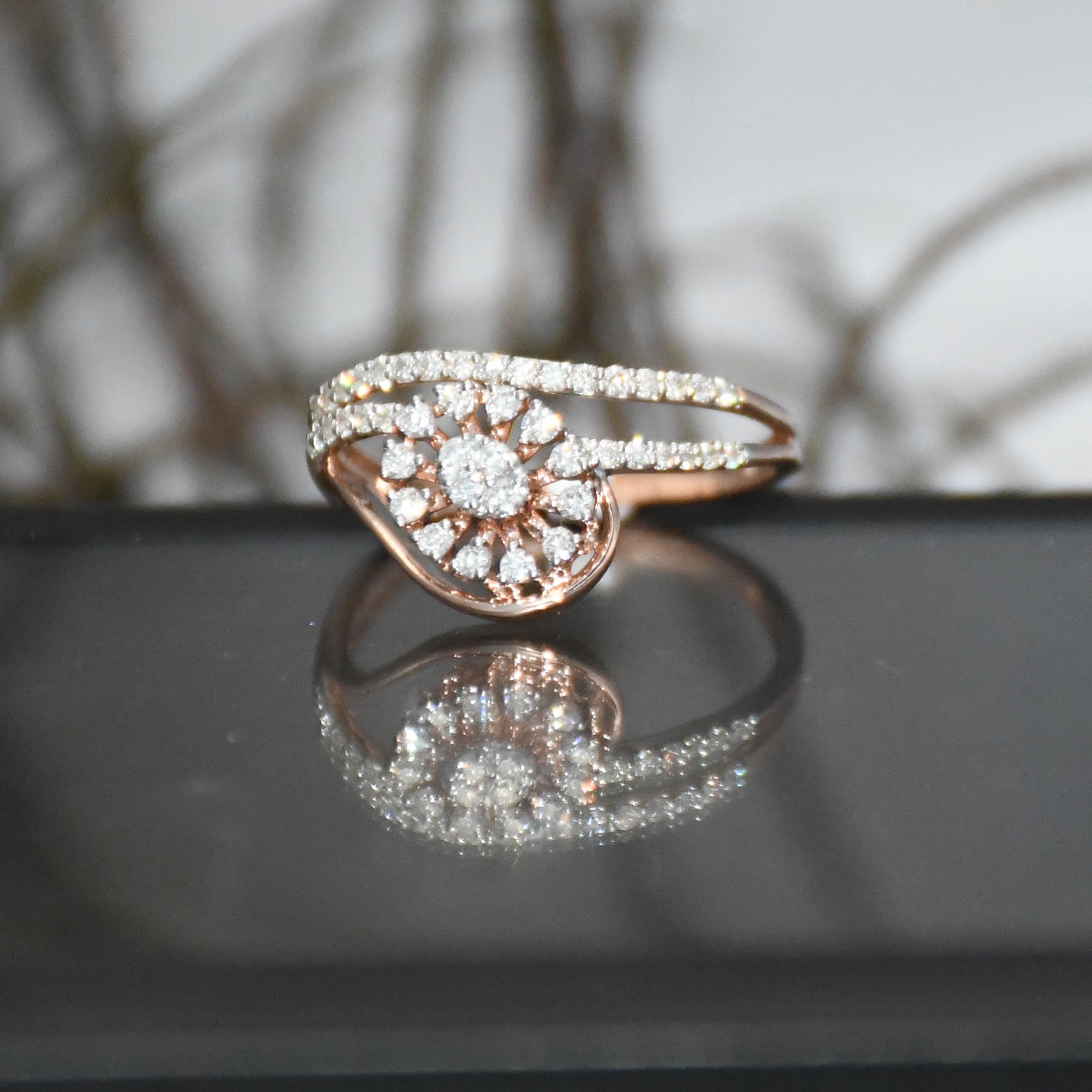14K Solid Gold Diamond Sunburst Ring – Floral Cluster Engagement Ring