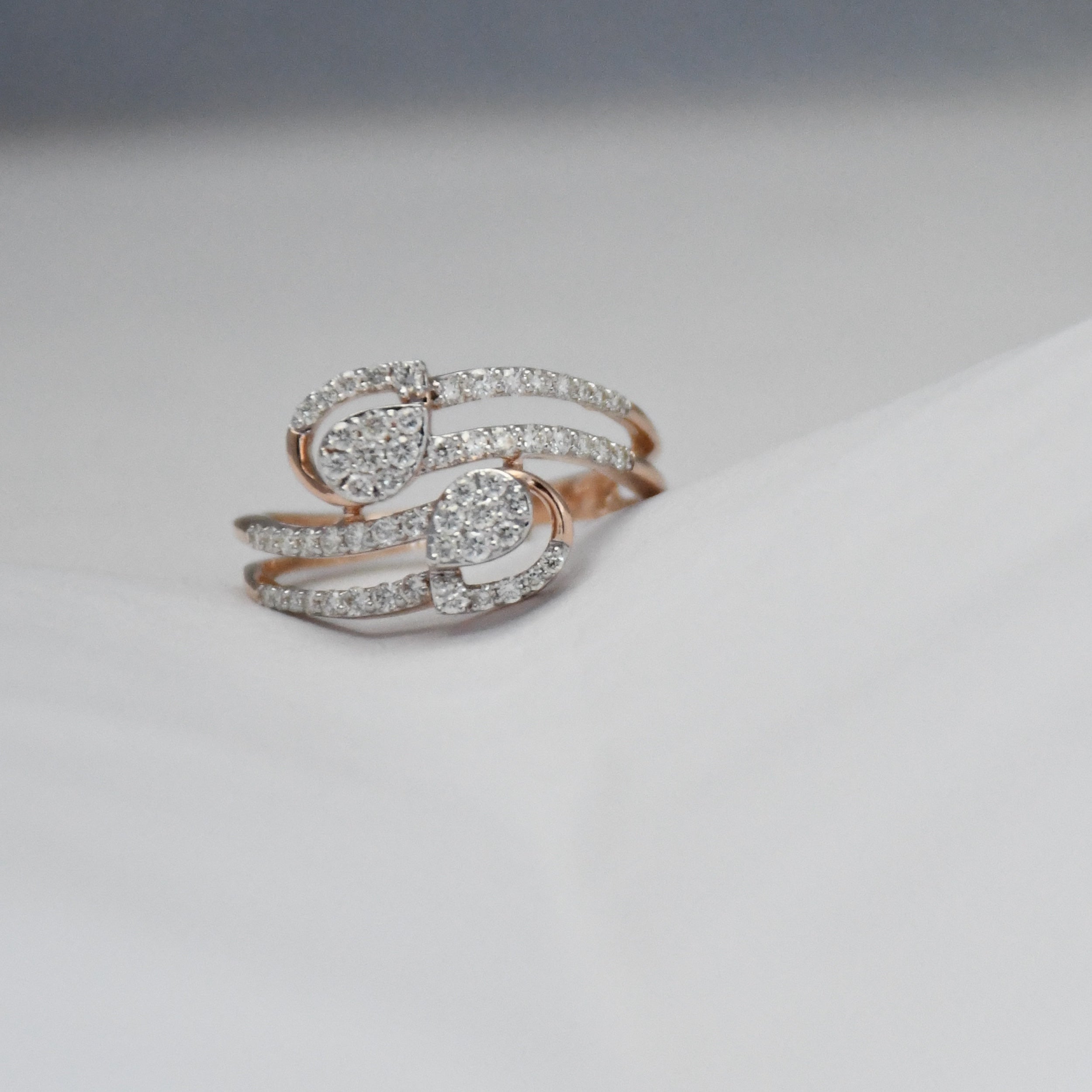 14K Gold Diamond Swirl Ring, Double Teardrop Pavé, Anniversary Gift