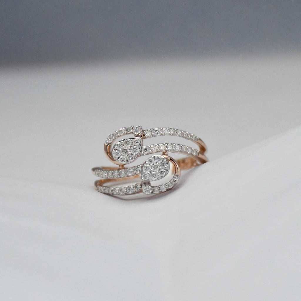 14K Gold Diamond Swirl Ring, Double Teardrop Pavé, Anniversary Gift