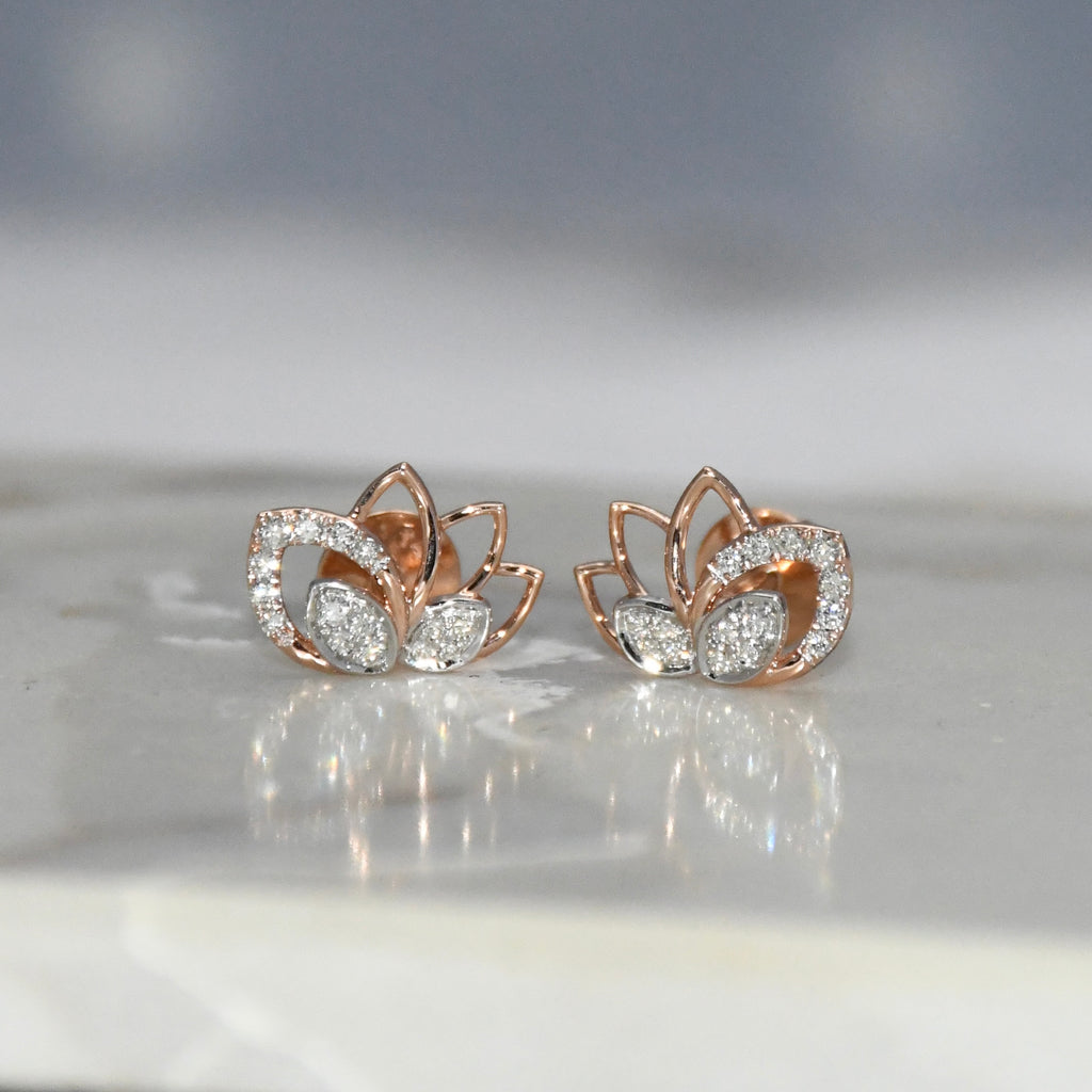 Solid Gold Lotus Diamond Stud Earrings | IGI Certified Floral Rose Gold Fine Jewelry